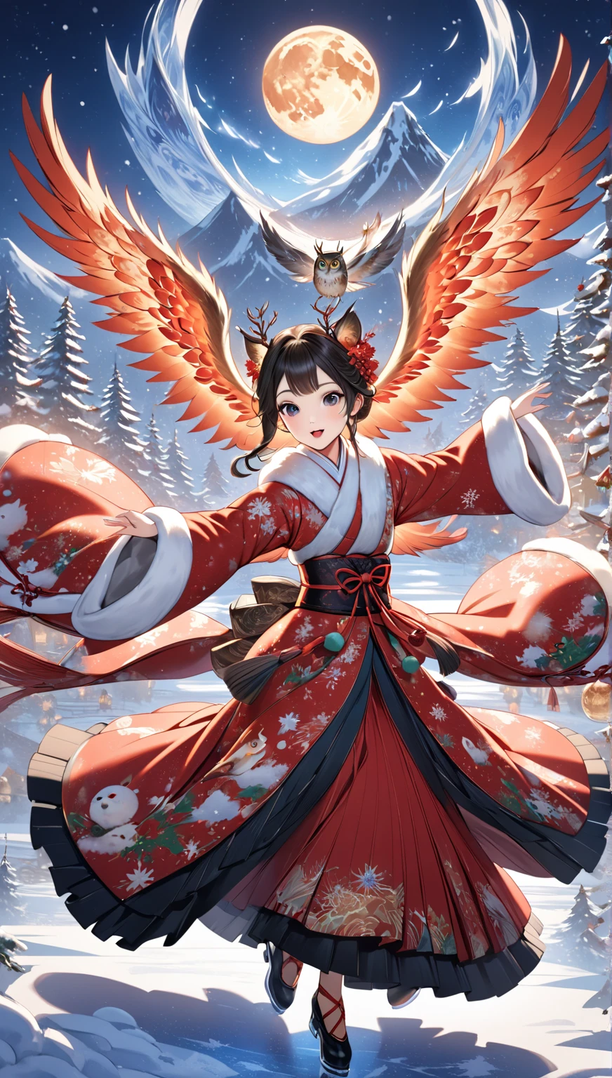 masterpiece  :1.2， christmas illustration， ((DANCING ON ICE ))，   fantasy world ,     Japanese style  , ((Incarnation of Fire:1.1))，    Details， Christmas Winter Scenery ，An owl is flapping its wings  ，    amazing  ，    professional photos   ，