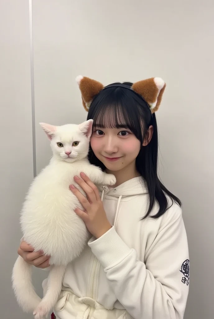 masterpiece, 4K, Bokeh, (Cute:1.5), ( beautiful girl:1.3), ( Japanese idol :1.6), (Cat ears:1.3) , ( white hoodie:1.3),  (I love cats:1.6),  blushed,  cowboy shot , (Holding a cute sleeping white cat :1.5), ( closes the eye:1.3), ( white background  :1.4), 
