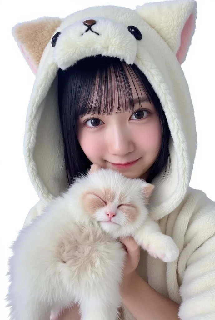 masterpiece, 4K, Bokeh, (Cute:1.5), ( beautiful girl:1.3), ( Japanese idol :1.6), (Cat ears:1.3) , ( white hoodie:1.3),  (I love cats:1.6),  blushed,  cowboy shot , (Holding a cute sleeping white cat :1.5), ( closes the eye:1.3), ( white background  :1.4), 
