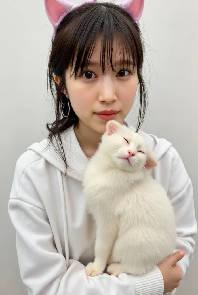 masterpiece, 4K, Bokeh, (Cute:1.5), ( beautiful girl:1.3), ( Japanese idol :1.6), (Cat ears:1.3) , ( white hoodie:1.3),  (I love cats:1.6),  blushed,  cowboy shot , (Holding a cute sleeping white cat :1.5), ( closes the eye:1.3), ( white background  :1.4), 

