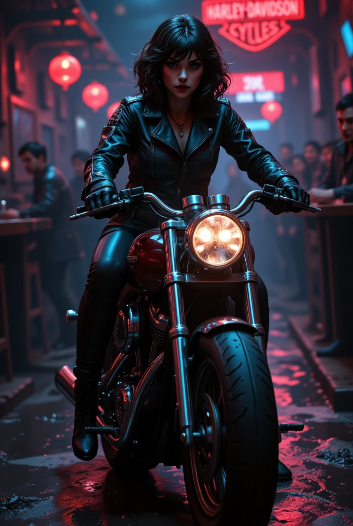 Nightclub lady riding a Harley motorcycle 