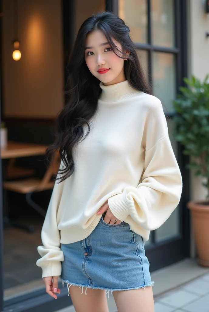 "K-pop style women' realistic image 、 Korean beauty , length, Wavy black hair. tie my hair at the back、I'Iは髪をポニーテールにしています、I'm standing in front of Saint Marc Cafe、I'm wearing a white high neck long sleeve sweater、 Blue Mini Skirt、 Full Body Portrait 、 I wear a pink long sleeve hoodie black long boots 、 1 girl, long hair, top quality, high definition ,