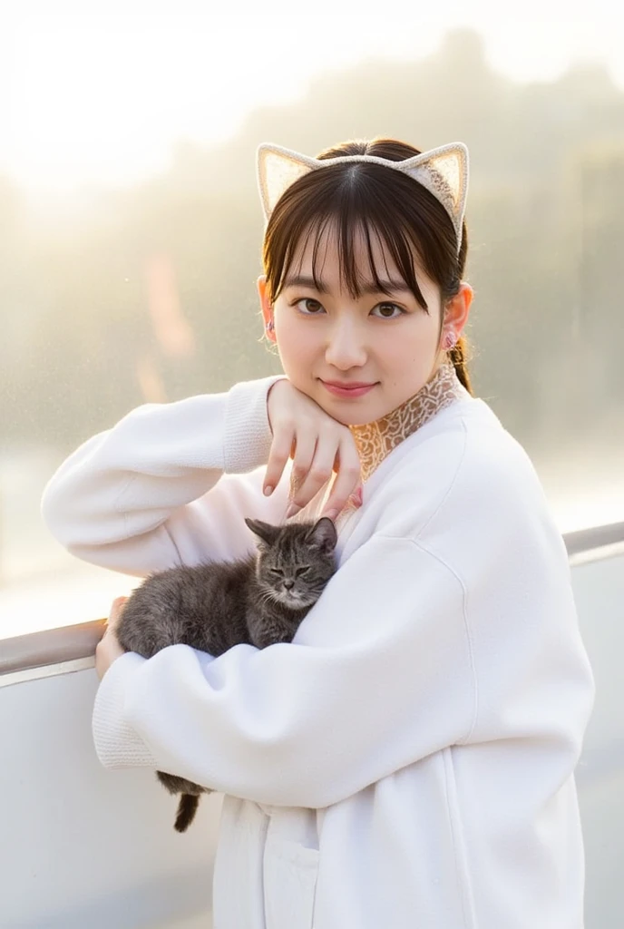 masterpiece, 4K, Bokeh, (Cute:1.5), ( beautiful girl:1.3), ( Japanese idol :1.6), (Cat ears:1.3) , ( white hoodie:1.3),  (I love cats:1.6),  blushed,  cowboy shot , (Holding a cute sleeping white cat :1.5), ( closes the eye:1.3), ( white background  :1.4), 