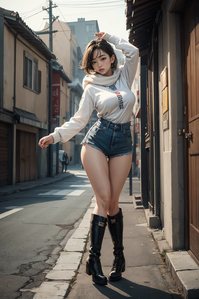 masterpiece,  top quality, one pretty girl,Korean,Short boots, standing with different breasts , dancing,Extreme cold,socks