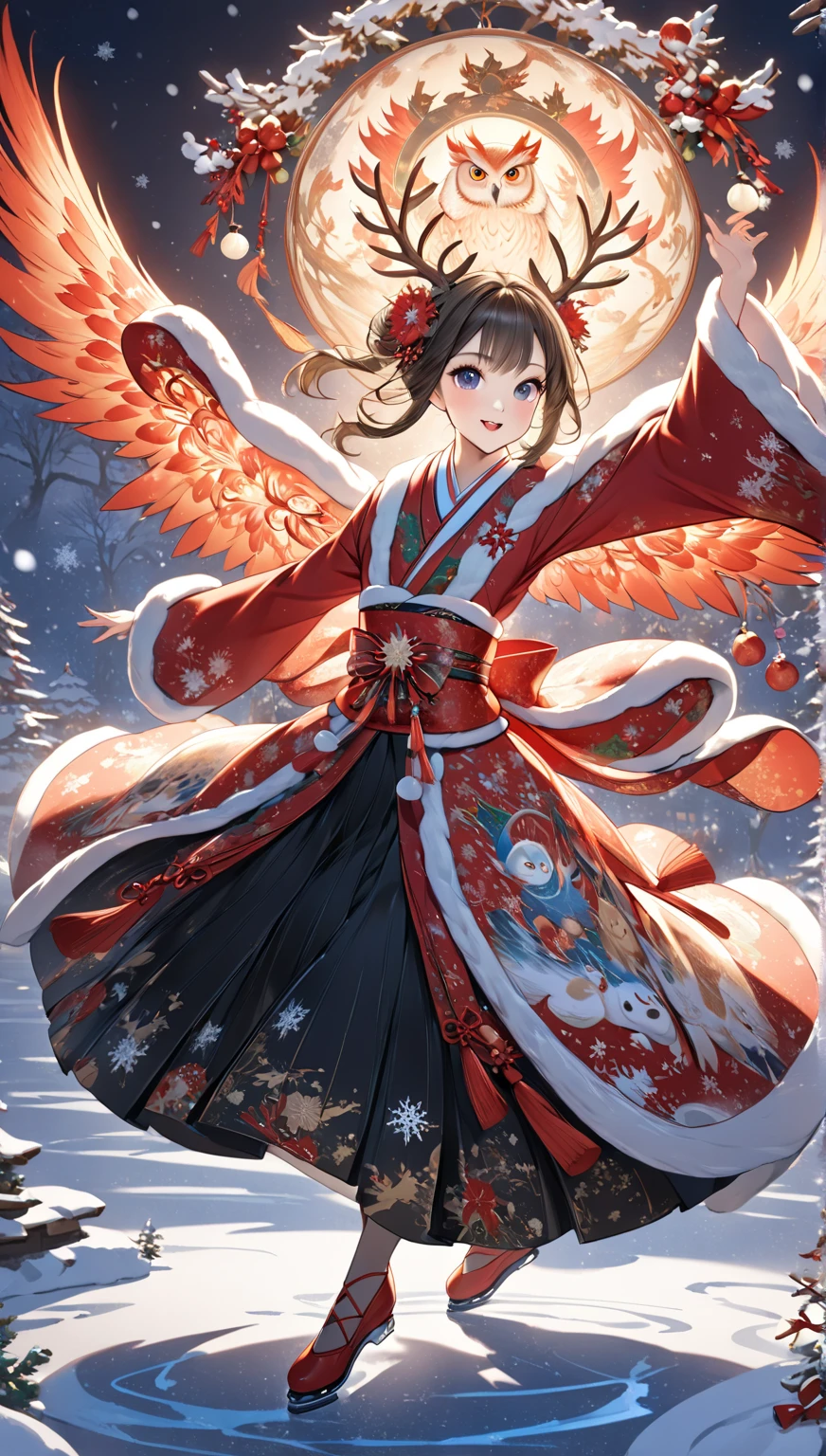 masterpiece  :1.2， christmas illustration， ((DANCING ON ICE ))，   fantasy world ,     Japanese style  , ((Incarnation of Fire:1.1))，    Details， Christmas Winter Scenery ，An owl is flapping its wings  ，    amazing  ，    professional photos   ，