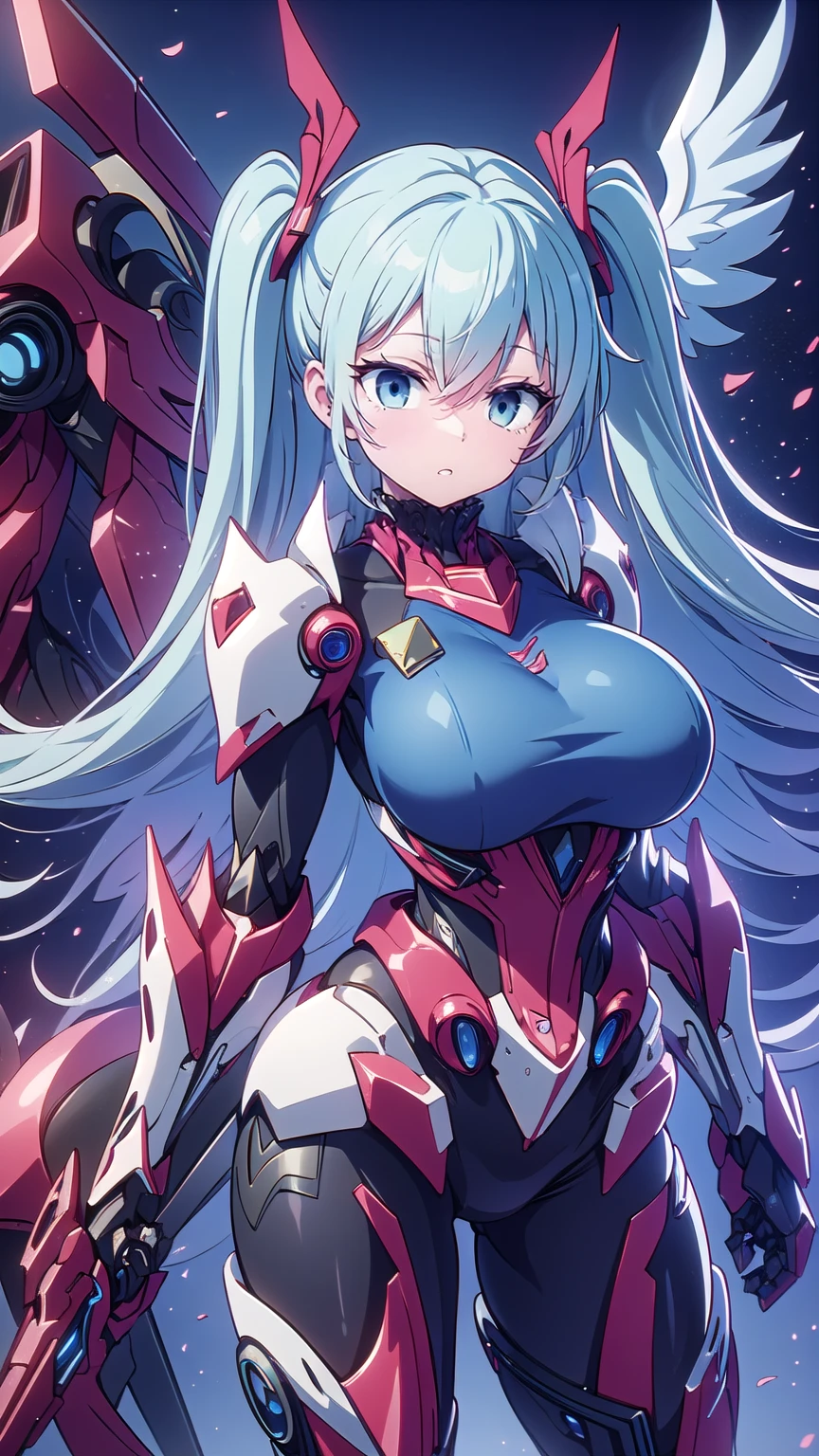 masterpiece,  VOCALOID, ((Mecha Girl)),    Twin Tails ,    Light Blue Eyes  ,   blue hair,    Bodysuit    ,  I'm wearing Gundam armor   , ((   Angel Wings  )), ((Mecha Girl)), ((    cyberpunk  )),    high heels,    ultimate physical beauty,      beautiful eyes   , Big Breasts, Big Breasts, top quality, Max image      ,