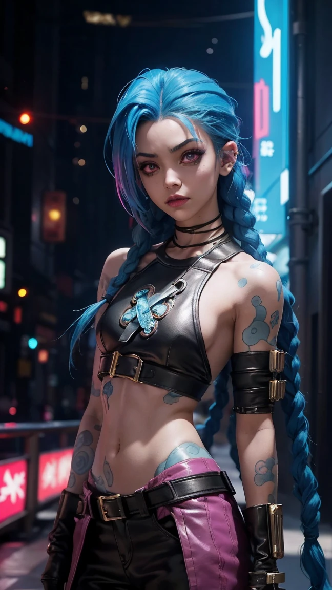 jinx arcane, uma mulher com blue hair e tatuagens,  mulher cyberpunk mulher anime , pants,  Deusa cyberpunk raivosa bonita ,  cyberpunk art style , Digital art of cyberpunk anime, cyberpunk anime art, arcane Jinx Retrato, cyberpunk anime art, cyberpunk themed art, cyberpunk dark fantasy, arcane style, 1 girl, cloud tattoo on the arm, asymmetrical bangs, fringe, blue hair, blue braids, brown shirt,  cloud tattoo rendering, sideways, blue hair,  long hair, eyes pink, Red lips, standing ,  cloud tattoo rendering, Twin braids. Jinx of the Arcane. Jinx in a Burning Place, spark, spheres of light, film poster, Jinx, arcane\(League of Legends\