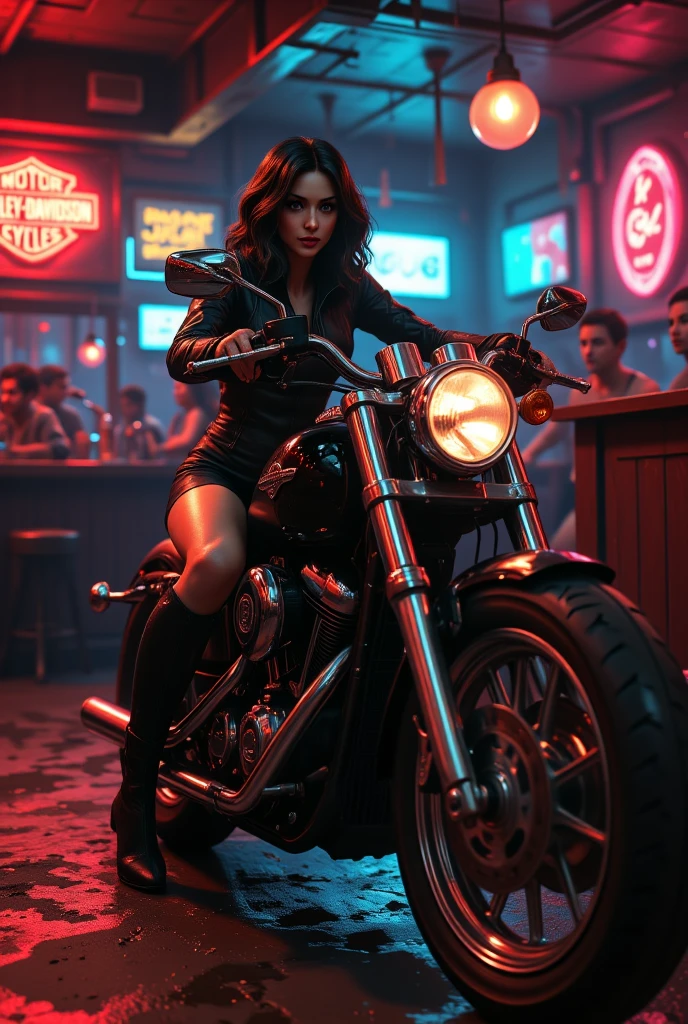 Woman in nightclub riding Harley motorcycle (camera position from side)