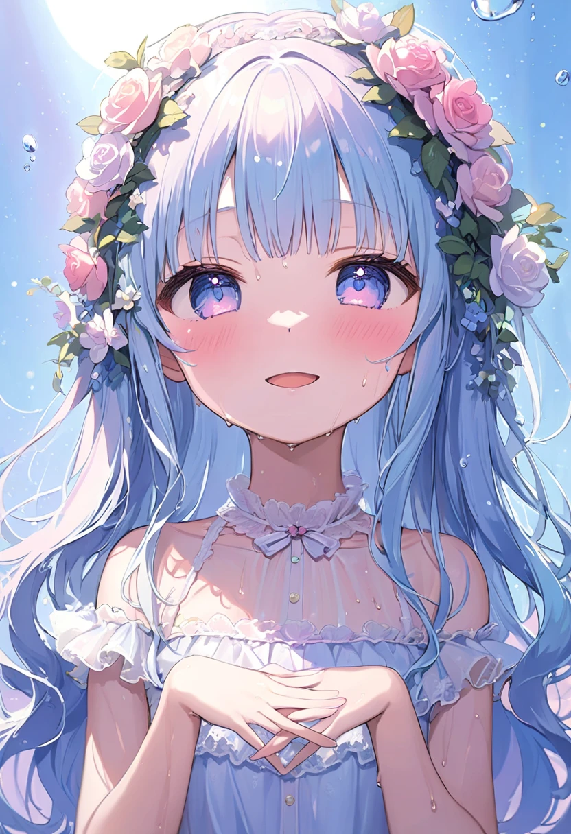 masterpiece, best quality, extremely detailed, (illustration, official art:1.1), 1 girl ,(((( light blue long hair)))), ,(((( light blue long hair)))),light blue hair, , long hair ((blush)) , cute face, big eyes, masterpiece, best quality,(((((a very delicate and beautiful girl))))),Amazing,beautiful detailed eyes,blunt bangs,(((tareme))),((((little delicate girl)))),tareme(true beautiful:1.2), sense of depth,dynamic angle,,,bukkake, affectionate smile, (true beautiful:1.2),,(tiny 1girl model:1.2),)(flat chest) ,masterpiece, best quality, , wet hair, blush, , shy smile,  ,, (pink tentacles), With hands up, starry night, ,,torogao,,(((Sweaty)))、slender、(((Laugh with your eyes closed and your mouth wide open))),、wet, Textured skin, High resolution, masterpiece, Anatomically correct, thin、Warm Light、night、,pretty girl、Open-air bath、naked、Water up to the collarbone、Random Hairstyles、Random Pause、Blushed、