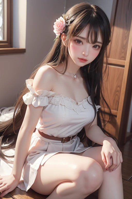 best qualtiy，tmasterpiece，超高分辨率，（fidelity：1.4），RAW photogr，20-year-old sexy model，jk_lure_dress3, Long messy hair，curlies, golden hair, Campus style, black shirt, DEEP-V COLLAR, Bare shoulders, Short pink skirt, white stockings, inside a classroom, Cross ed leg, posing elegantly, posed for photo, Random shooting angle, Surprising detail，The is very detailed, Smooth skin, a warm color palette