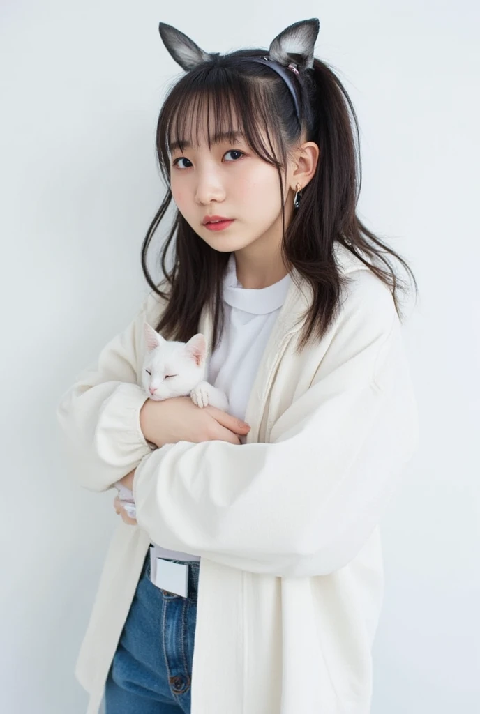 masterpiece, 4K, Bokeh, (Cute:1.5), ( beautiful girl:1.3), ( Japanese idol :1.6), (Cat ears:1.3) , ( white hoodie:1.3),  (I love cats:1.6),  blushed,  cowboy shot , (Holding a cute sleeping white cat :1.5), ( closes the eye:1.3), ( white background  :1.4), 

