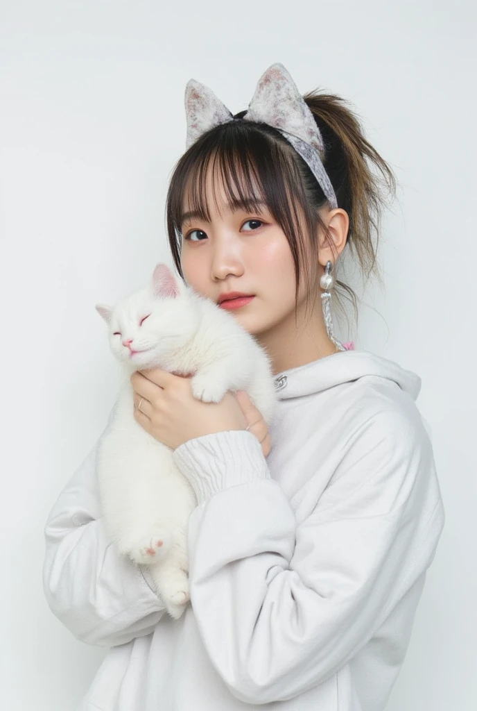 masterpiece, 4K, Bokeh, (Cute:1.5), ( beautiful girl:1.3), ( Japanese idol :1.6), (Cat ears:1.3) , ( white hoodie:1.3),  (I love cats:1.6),  blushed,  cowboy shot , (Holding a cute sleeping white cat :1.5), ( closes the eye:1.3), ( white background  :1.4), 

