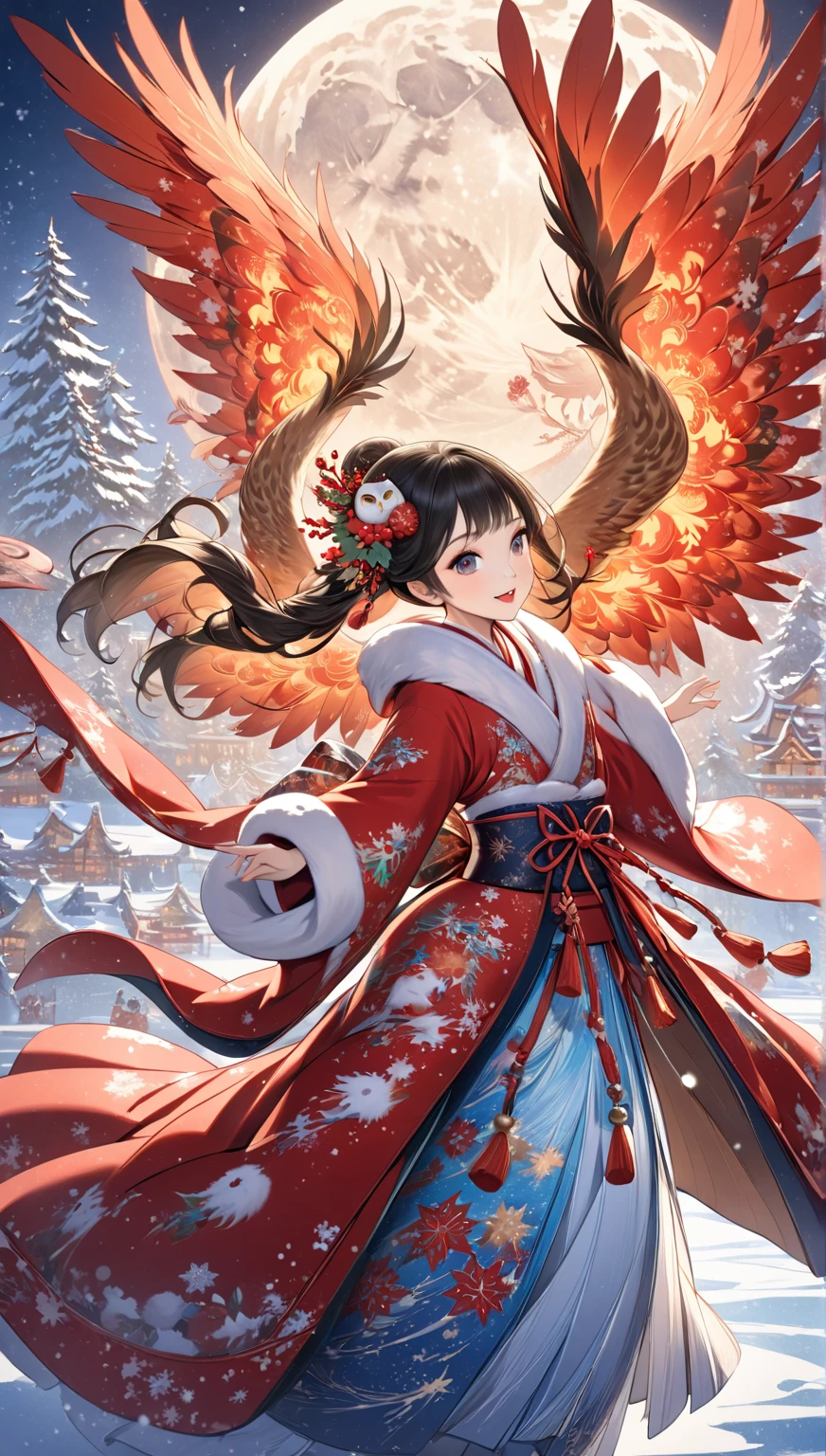 masterpiece  :1.2， christmas illustration， ((DANCING ON ICE ))，   fantasy world ,     Japanese style  , ((Incarnation of Fire:1.1))，    Details， Christmas Winter Scenery ，An owl is flapping its wings  ，    amazing  ，    professional photos   ，