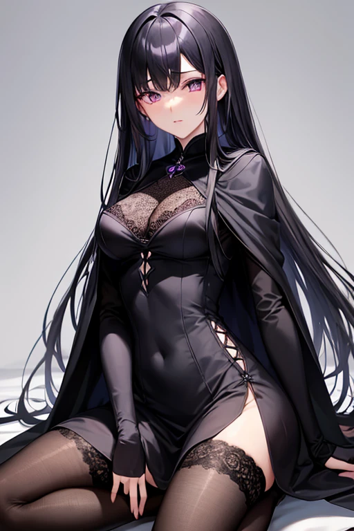 masterpiece, highly detailed, highest quality, high resolution, (1 girl), plain oversized T-shirt, ankle length socks, inky black violet hair, sharp facial features, arrogant and disdainful expression, high-bridged nose, medium height(175cm) slender and slim hourglass body, velvet-colored eyes)dark crimson with a mix of purple)