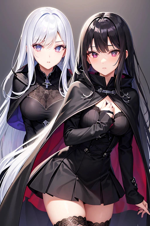 (((Masterpiece))), top quality, super detailed, blush, cute and playful, jet black swordsman, dark knight, gothic, holding a great sword, temple, dark place, silver hair, tearing breasts, fluffy hairstyle, elastic breasts, light background, ((huge chest)).