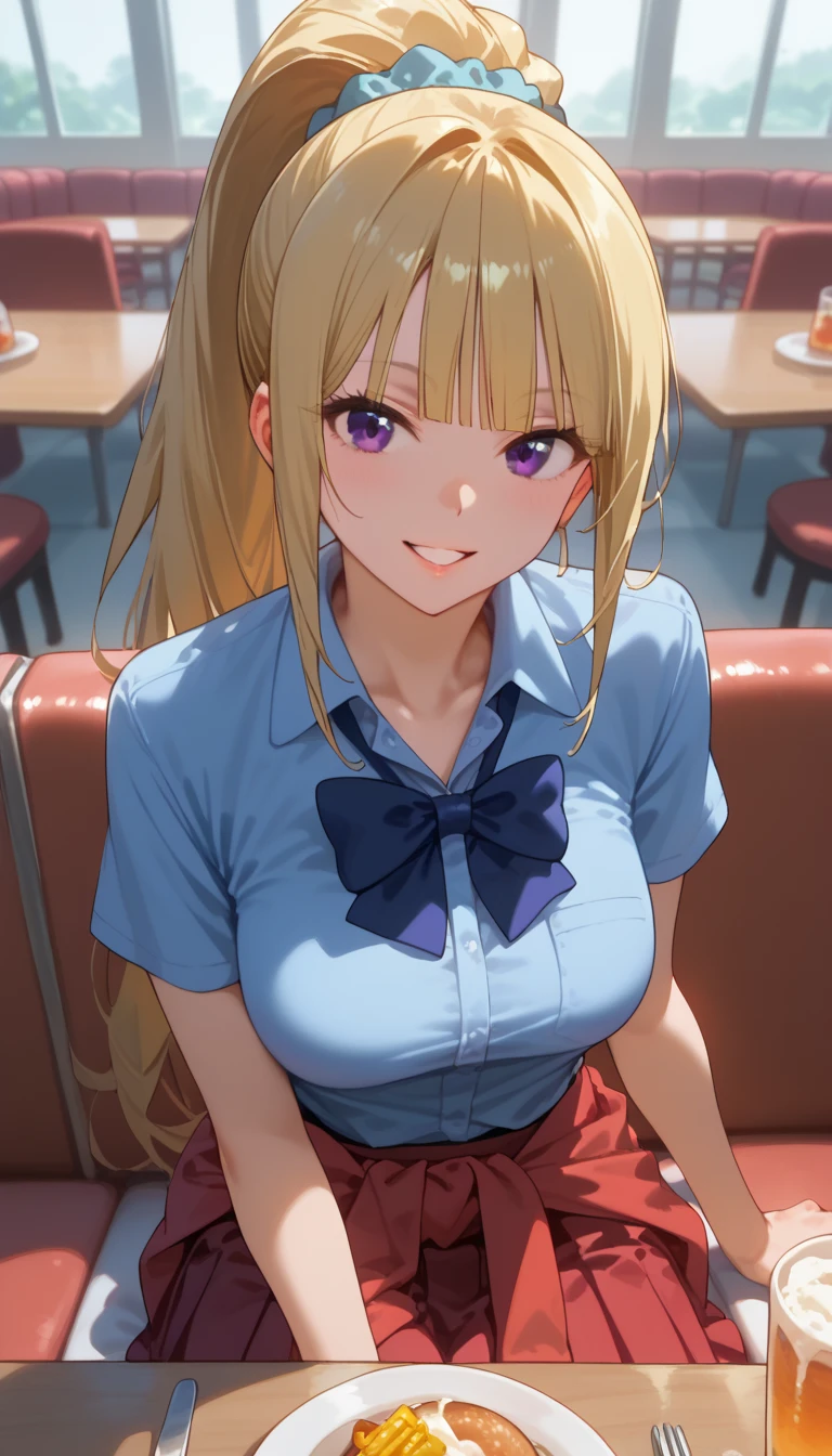 score_9,score_8_up,score_7_up, shiny skin, 1girl, KeiKaruizawa, Kei Karuizawa, bangs, blunt bangs, ponytail hair, violet eyes, blonde hair, blue scrunchie, light blue shirt, collared shirt, bowtie, clothes around waist, pleated skirt, red skirt, in restaurant, after eating, sit, table and chair restaurant, pov, front pov, long ponytail, smile, sweet smile, cowboy shot, diner, parted lips