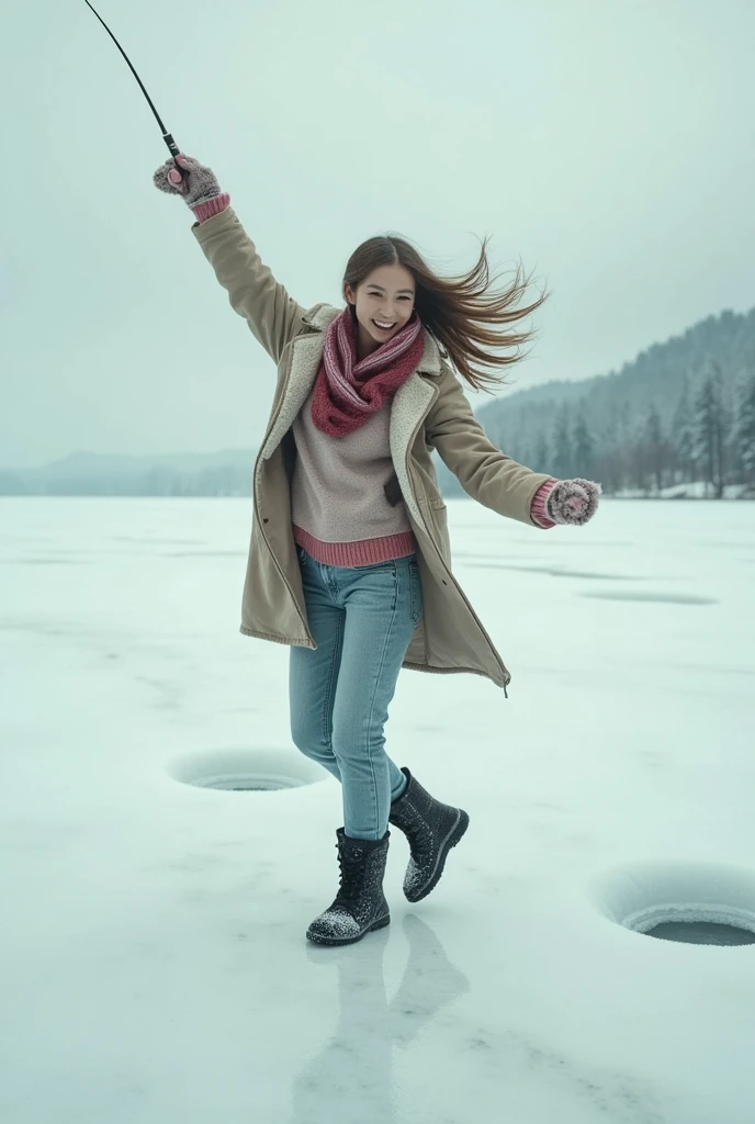  woman dancing with fishing rod on lake ice, small hole in ice ,