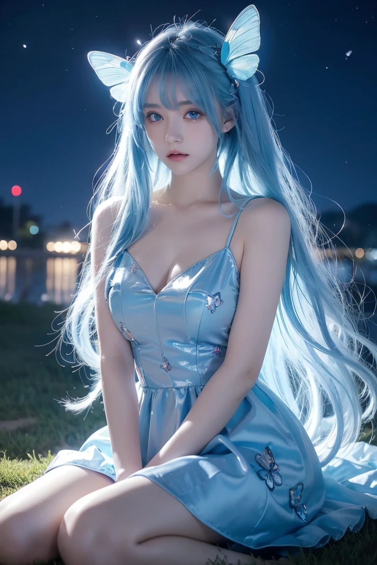 magical, lightblue hairs, teenager,blue eyes, anime, female, longhairs, tidy, dress, fantacy,blue tone, glow blue butterfly, beautiful, blur behide, nightglow, deity, night time, chineses dress, godness, sad, feel lonely, fantacy land, deity land, god land, cover sholder