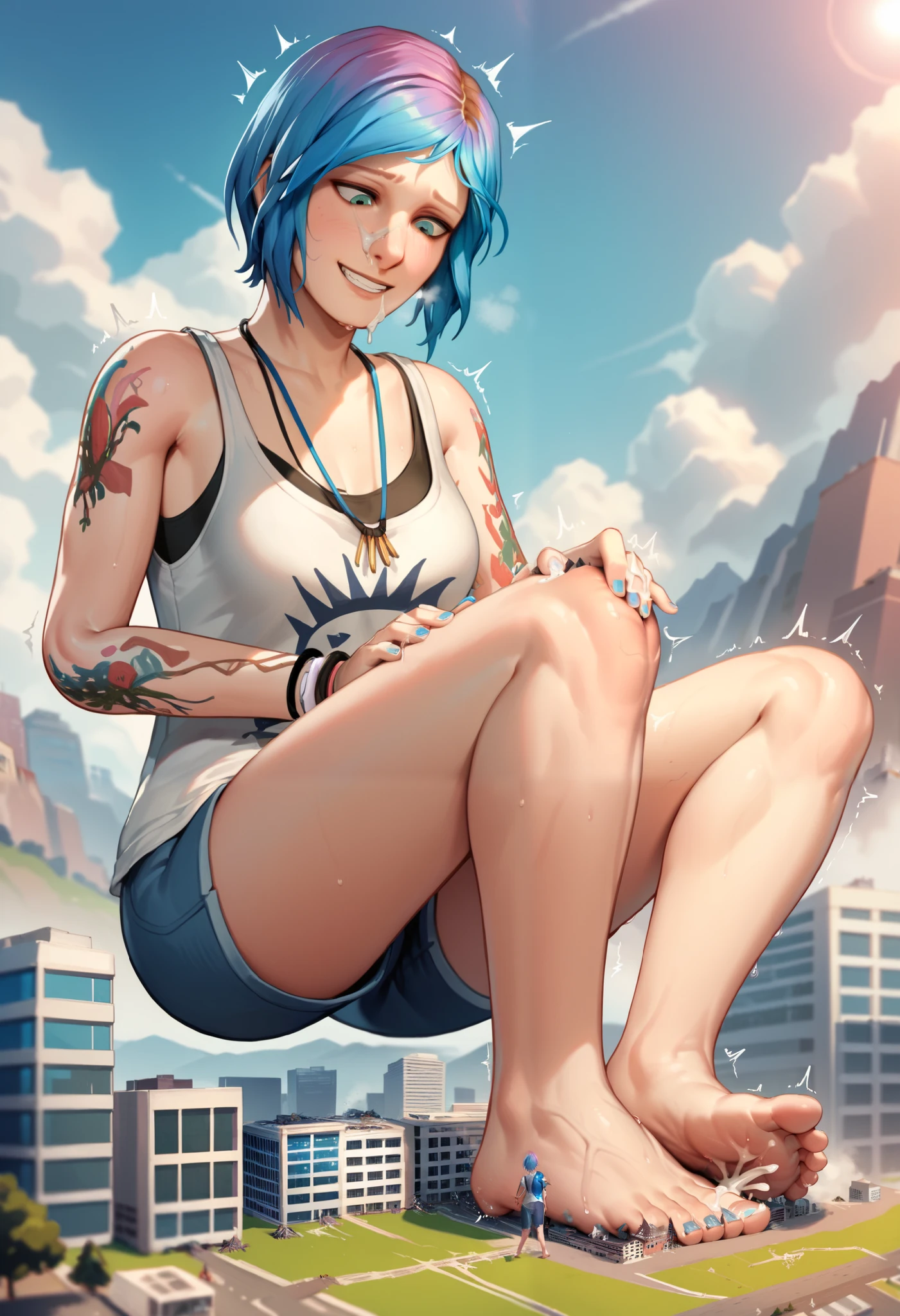 easynegative, safe_pos,score_9,score_8_up,score_7_up,score_6_up,source_anime, Giantess, macro, very sweaty, bigger than island, barefoot, Landscape, cityscape, smile, orgasmic expression, satisfaction gaze, chloeprice, necklace, tanktop with a skull, blue eyes, blue hair, 1girl, medium cock, testicles, erect penis, cum, Veined cock, Wrinkled testicles, female body, full body, skinny, erect dick, masturbation, building destruction, cracked building, cum on the city, trembling, motion lines,