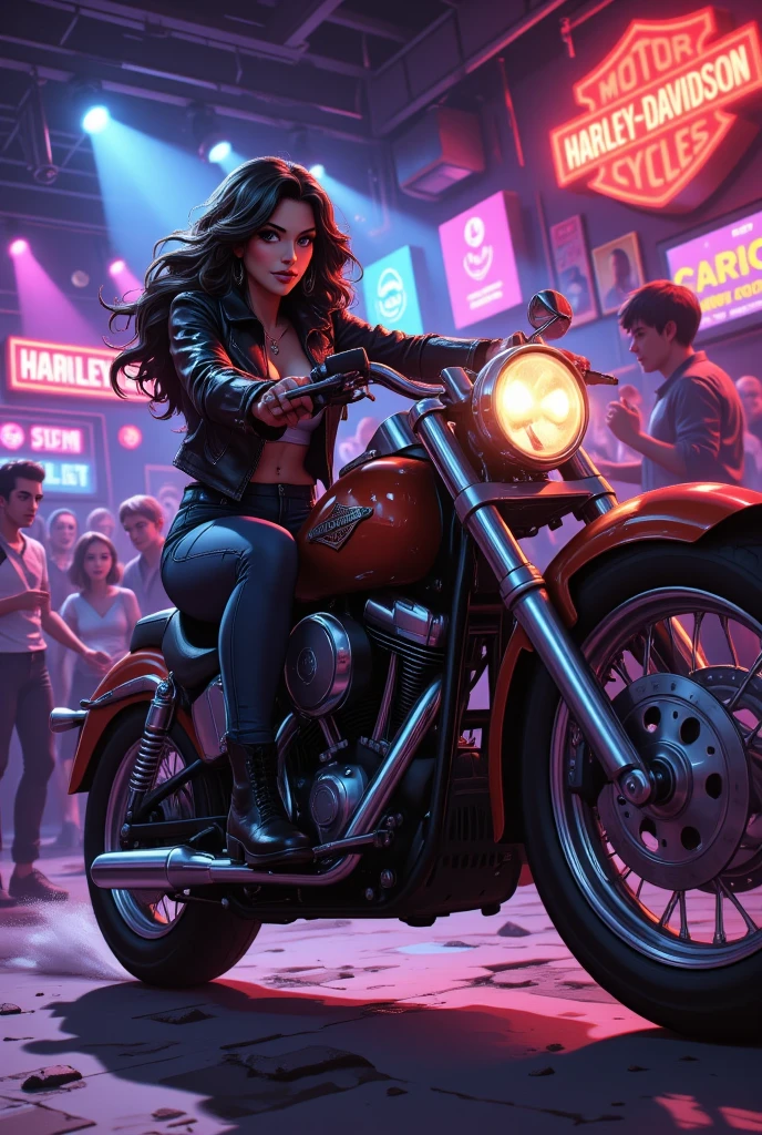 Woman in nightclub riding Harley motorcycle (camera position from side) in cartoon style