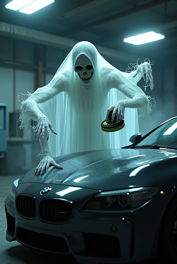 Create a ghostly creature, skinny, its body is lifeless, as if there was no blood inside, its black eyes are wide open and its mouth is wide open with giant, dirty teeth, sitting in the back seat of the truck, the image being seen in the rearview mirror