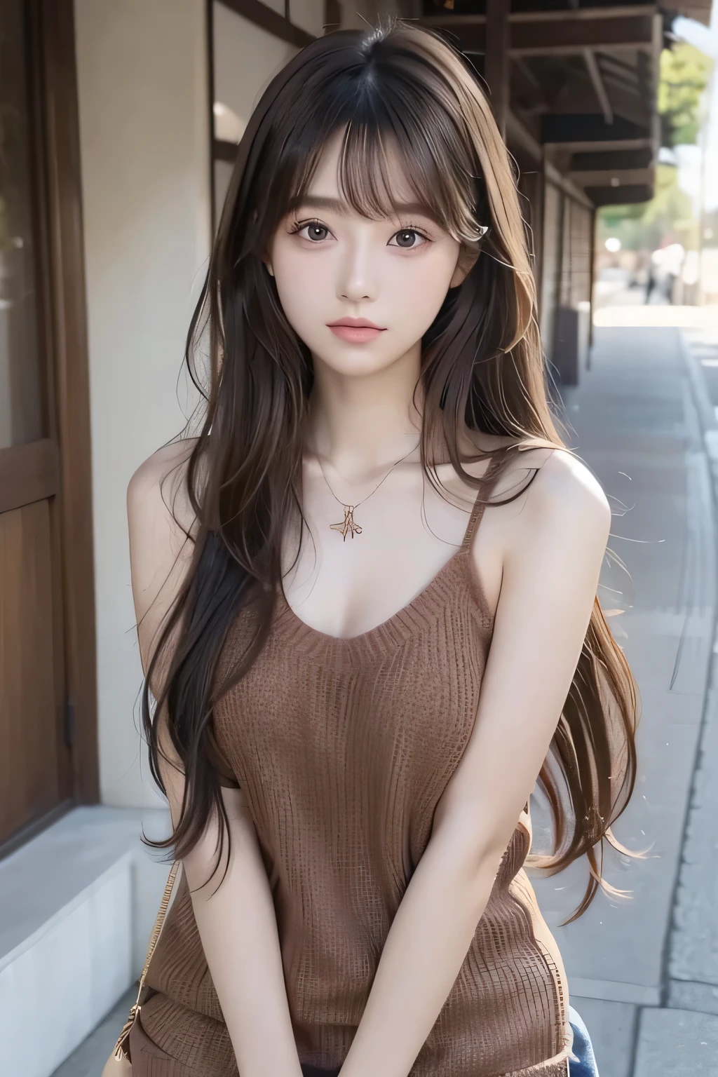 1girl in, (age19), Solo, Japanese ido、Long hair, Colossal tits, Looking at Viewer, long messy windy brown hair, eyes are brown, Bare shoulders, jewely, Full body, a necklace, off shoulders, Sweaters, Realistic, A sexy