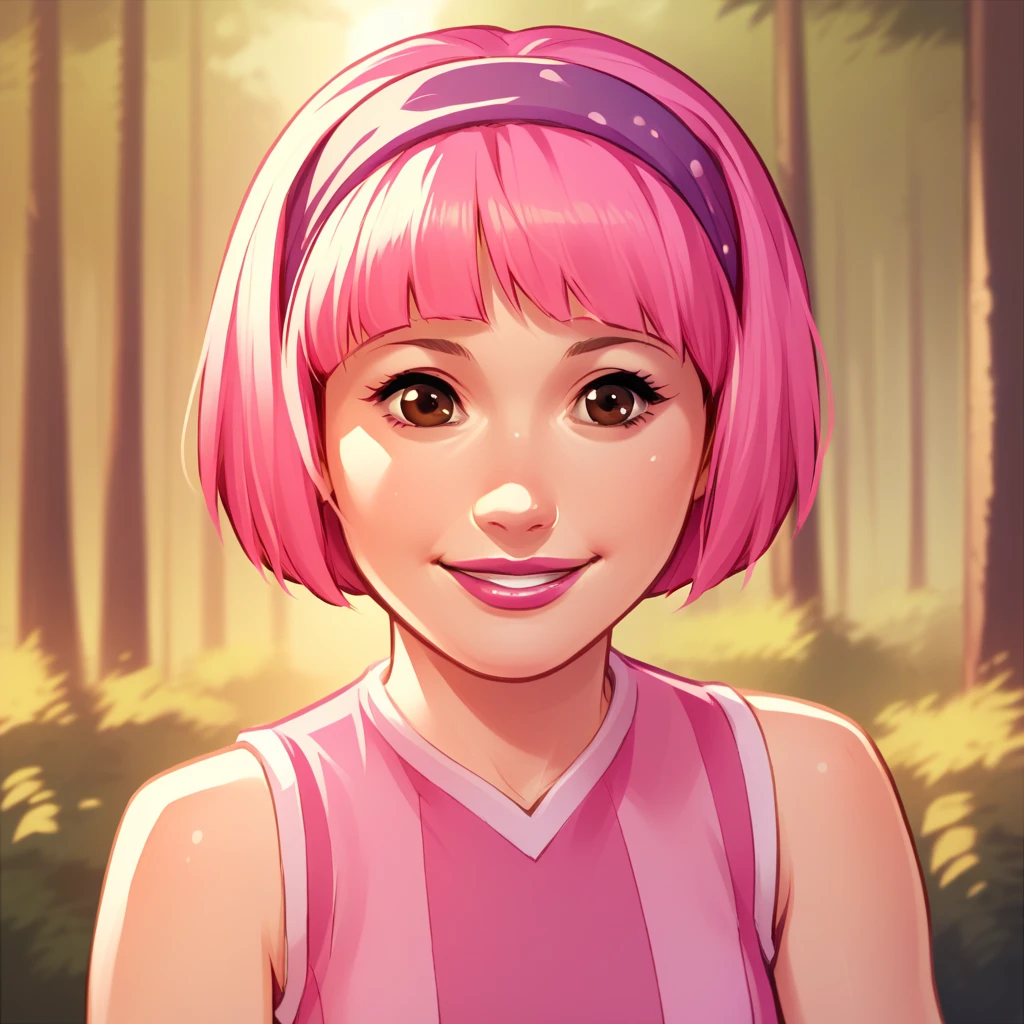 score_9_up, score_8_up, BREAK, Stephanie, 1girl, solo, pink hair, short hair, brown eyes, lipstick, headband, pink dress, sleeveless, pantyhose, upper body,  outdoors, forest, depth of field, smile,