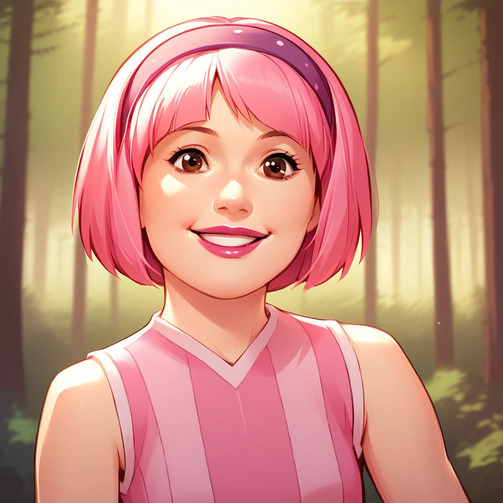 score_9_up, score_8_up, BREAK, Stephanie, 1girl, solo, pink hair, short hair, brown eyes, lipstick, headband, pink dress, sleeveless, pantyhose, upper body,  outdoors, forest, depth of field, smile,