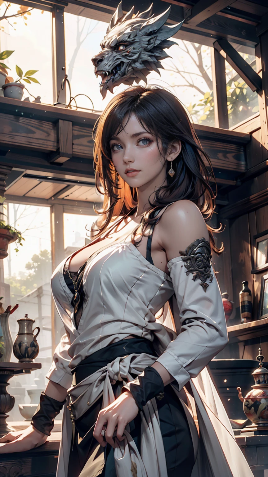 Fantasy Background, Cafe RPG Style, Empty chair, table, Tea Glass Set、24-year-old woman、Multi braid((multiple braids))、Silver Hair、Sexy proportions、Narrow waist