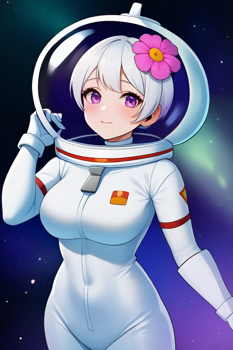  SandyXLP, single hairflower, white bodysuit, white gloves, zipper, space helmet  Outfit 2: single hairflower, 