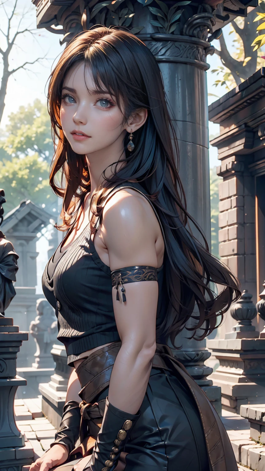 official art, unity 8k wallpaper, ultra detailed, beautiful and aesthetic, masterpiece, best quality, 1girl, extremely detailed, dynamic angle, cowboyshot, the most beautiful form of chaos, elegant, a brutalist designed, vivid colours, romanticism, by james jean, roby dwi antono, ross tran, francis bacon, michal mraz, adrian ghenie, petra cortright, gerhard richter, takato yamamoto, ashley wood, atmospheric. Tifa lockhart, long black hair, red eyes, hair bangs, (white tank top:1.5), black miniskirt, suspenders, stockings, (huge breasts:1.5), cleavage, in a modern industrial apartment, brick wall, one girl, 1 girl, thin waist, wide hips, exposed abdomen, toned abs, toned arms