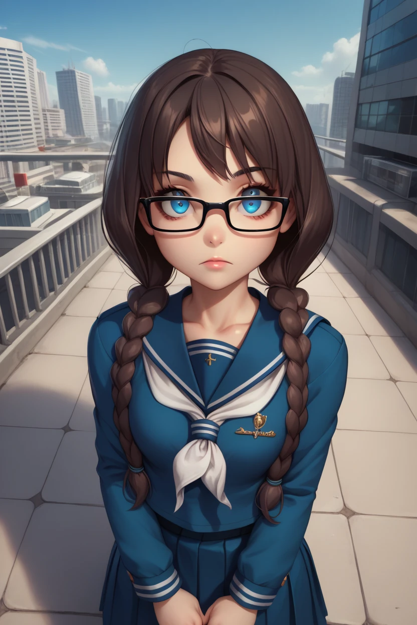  score_9,  score_8_above,  score_7_above,  score_6_above,   source  _anime BREAK 1girl,  defSaki, Blue eyes,  twin braids ,  hair over the shoulders , glasses, Navy blue shirt, serafuku, white handkerchief,  long sleeves, pleated skirt, stare,  looking at you , city,  arms at the sides, blue sky, with military equipment and an AK 47 in one hand