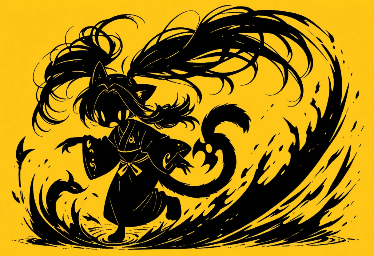  Black Silhouette Art ,  girl, cat ears,  flowing hair,  Twin Tails ,  minimalist, The tail has become a huge mouth, Sickle, Yellow background, Depth,  portrait, nail, Wobbly Kimono ,  dynamic pose, Wide sleeves,