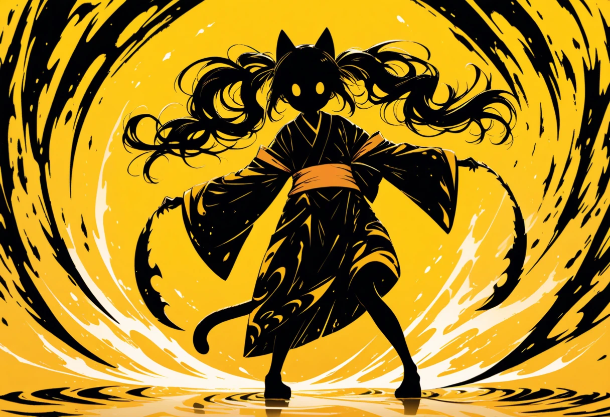  black silhouette art ,  girl, cat ears,  flowing hair,  Twin Tails ,  minimalist,  Forked Tail ,  the tip of the tail attacks the viewer, The tip of the tail is a huge mouth , Sickle, Yellow background, Long nails, Wobbly Kimono ,  dynamic pose, Wide sleeves,