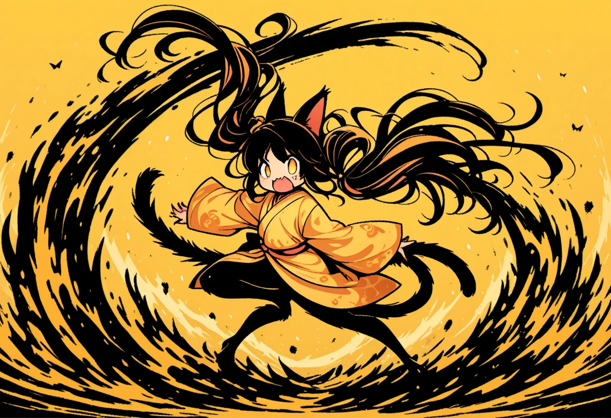  Black Silhouette Art ,  girl, cat ears,  flowing hair,  Twin Tails ,  minimalist, The tail has become a huge mouth, Sickle, Yellow background, Depth,  portrait, nail, Wobbly Kimono ,  dynamic pose, Wide sleeves,