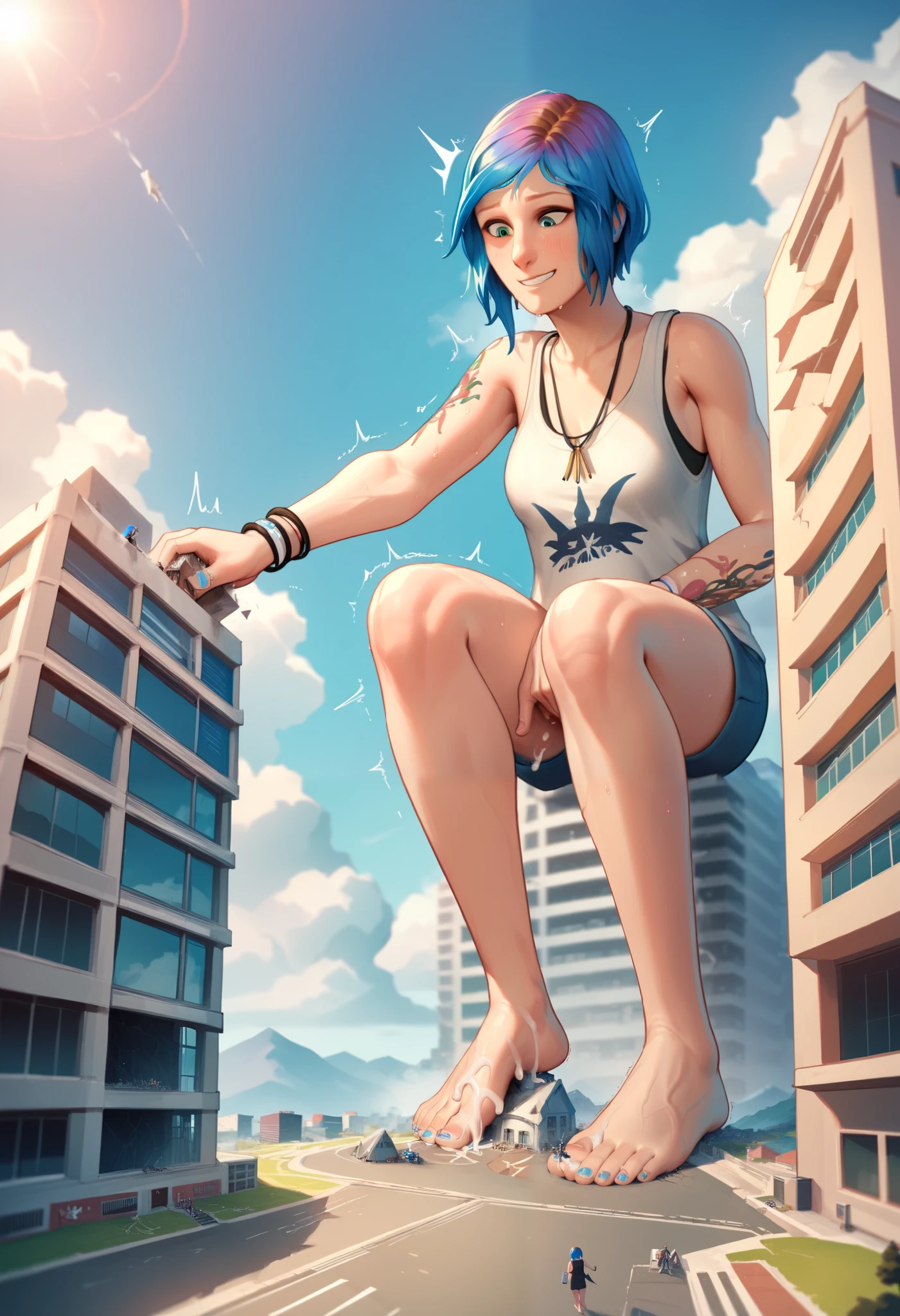 easynegative, safe_pos,score_9,score_8_up,score_7_up,score_6_up,source_anime, Giantess, macro, very sweaty, bigger than island, barefoot, Landscape, cityscape, smile, orgasmic expression, satisfaction gaze, chloeprice, necklace, tanktop with a skull, blue eyes, blue hair, 1girl, medium cock, testicles, erect penis, cum, Veined cock, Wrinkled testicles, female body, full body, skinny, erect dick, masturbation, building destruction, cracked building, cum on the city, trembling, motion lines,