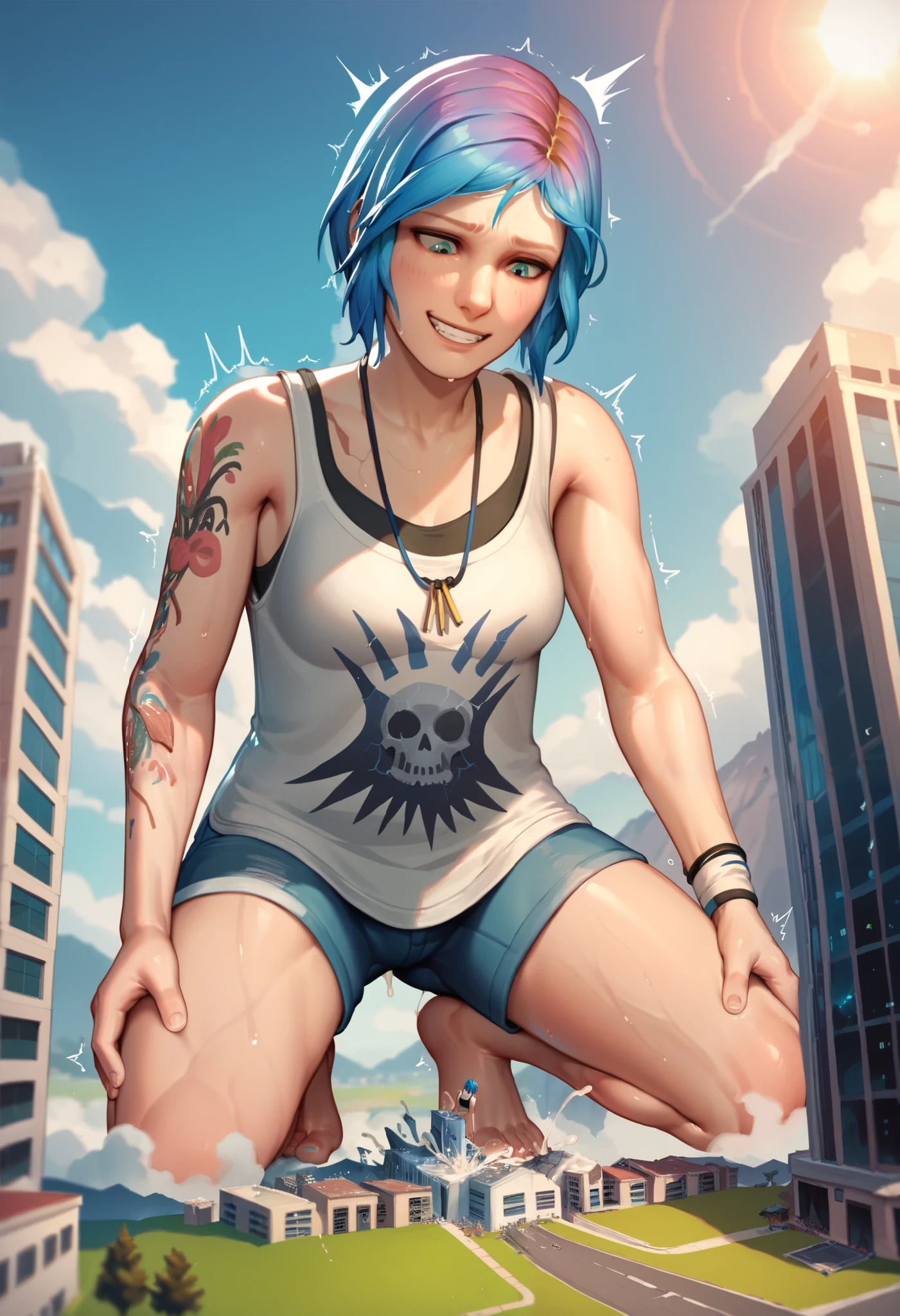 easynegative, safe_pos,score_9,score_8_up,score_7_up,score_6_up,source_anime, Giantess, macro, very sweaty, bigger than island, barefoot, Landscape, cityscape, smile, orgasmic expression, satisfaction gaze, chloeprice, necklace, tanktop with a skull, blue eyes, blue hair, 1girl, medium cock, testicles, erect penis, cum, Veined cock, Wrinkled testicles, female body, full body, skinny, erect dick, masturbation, building destruction, cracked building, cum on the city, trembling, motion lines,