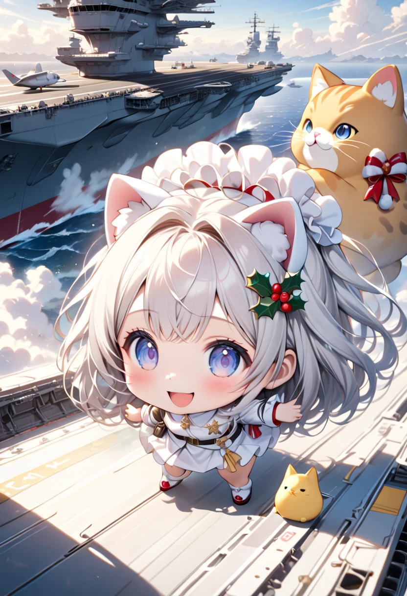 (masterpiece, ultra-detailed, best quality, clear focus, dramatic scene, cinematic), shadow, (ultra-high resolution, 8k), perfect anatomy, perfect face, (detailed face, detailed eye, chibi), cute Japanese chibi girl, famous Japanese chibi idol, very beautiful and cute and cool face, (wearing a gorgeously Christmas decorated very cute military white uniform with frills:1.2), (large breasts),  (She is standing on the huge aircraft carrier with a giant fat cat:1.3), (There are some fighter jets on the flight deck:1.2), the decorated Christmas gift box and the decorated Christmas trees are on the deck, gorgeously decorated with Christmas decorations, professional lighting, (detailed very cute fluffy giant cat is mewing:1.3), she looks so happy, happy smile, (she is surrounded by many fat chicks:1.2), chicks and ducks are flapping their wings, (spectacular view of the jet blast of the fighter jet that taking off)