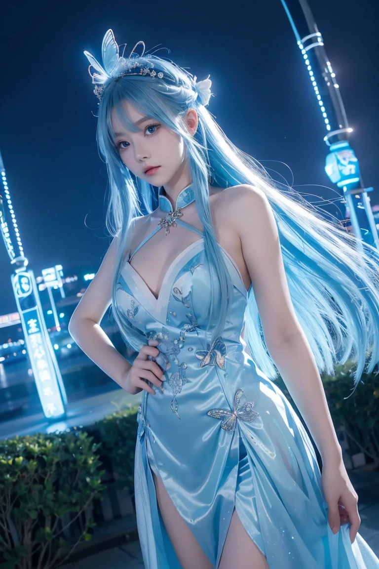 magical, lightblue hairs, teenager,blue eyes, anime, female, longhairs, tidy, dress, fantacy,blue tone, glow blue butterfly, beautiful, blur behide, nightglow, deity, night time, chinese dress, goddess, feel lonely, fantacy land, deity land, god land, cover sholder, angle