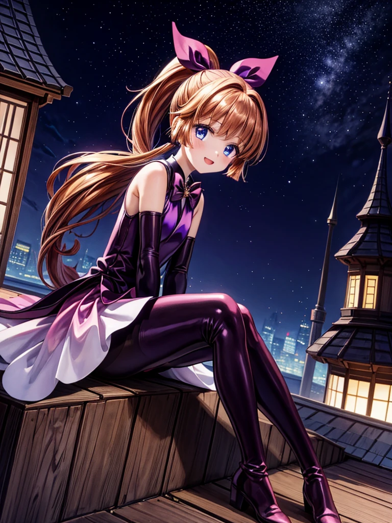 one girl, Meimi Haneoka, Saint tail, cute face, thin and tall, smile, blue eyes, brown long hair, ponytail with ribbon, magical girl, dark purple and pink sleeveless dress, dark purple elbow gloves, dark purple gloves, dark purple pantyhose, dark purple thigh boots, magical stick, full body shot, sitting, rooftop scenery, night view