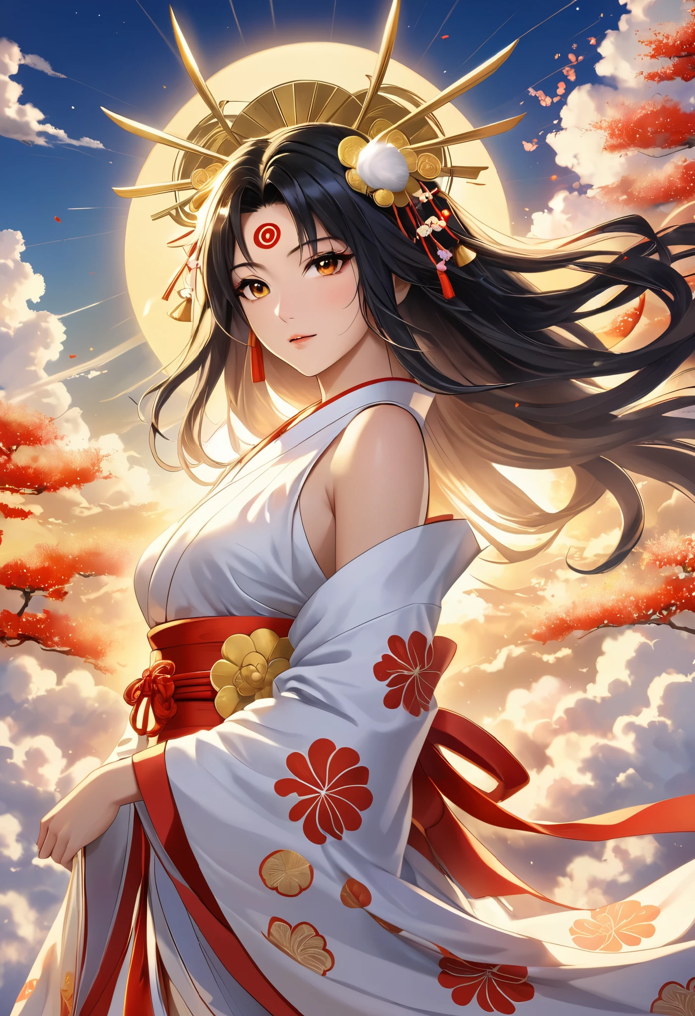 The supreme god of goddesses, Amaterasu Omikami,  Japan's supreme god , The ultimate beauty,  beautiful face, Gold powder is emanating from the body,  top quality,  high definition ,  high image quality, 16k, masterpiece, whole body,  backgrounds, Sun,  Fantastic Clouds , 