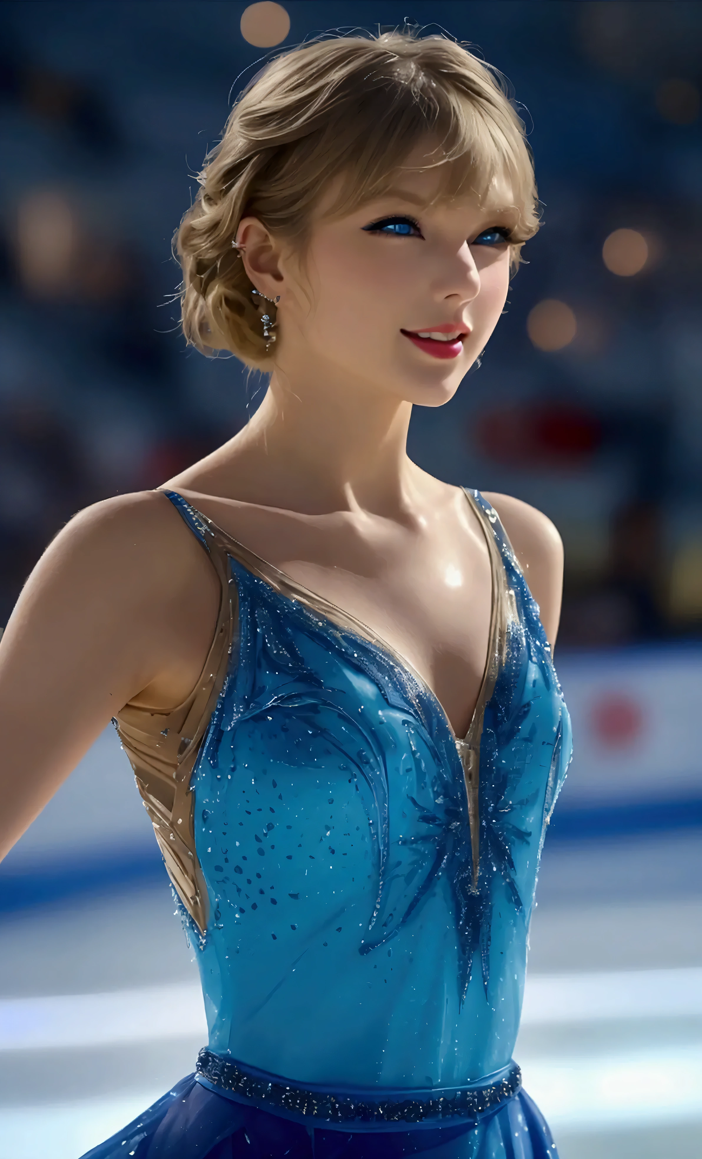  in high-definition images,masterpiece,  ice dance with female characters , The look on Taylor Swift's smiling face, Ice show venue in the background ,  Art Deco Designs, face details, Double exposure style,  Lots of Spectators 、アイスダンス in high-definition images,