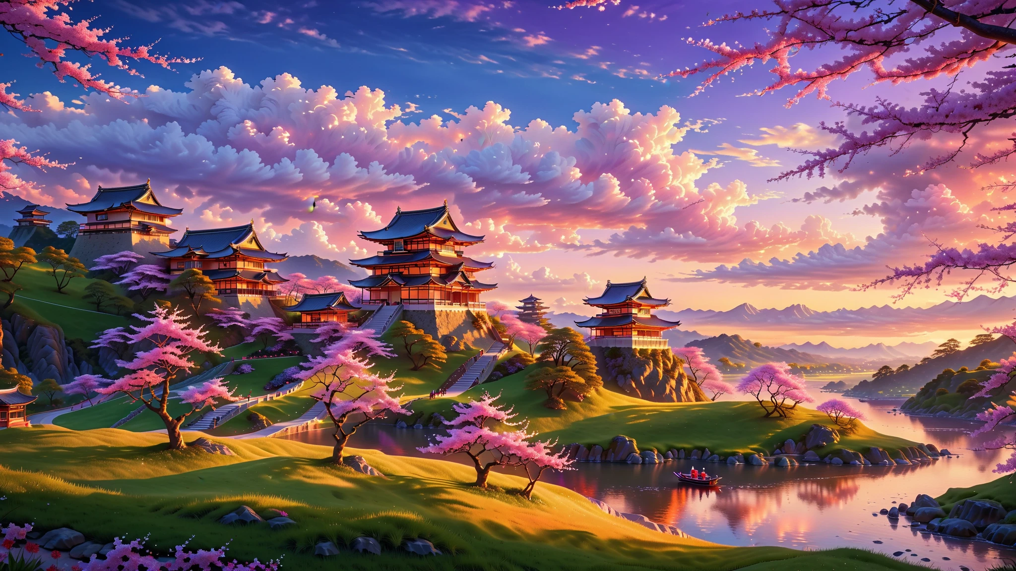 A Masterpiece In 32K Resolution, Supreme Quality, Super Detail, Official Art, Very High-Resolution 32K Wallpaper, Beautiful And Aesthetic, Ultra-Detailed Features, Awe-Inspiring Detail. A Stunning 32K Anime Depiction Of A Traditional Japanese Castle Perched On A Hilltop At Sunset. The Sky Is Painted In Vibrant Hues Of Orange, Pink, And Purple. Surrounding The Castle Are Rolling Hills Covered In Cherry Blossoms, With A River Winding Through The Landscape Below.