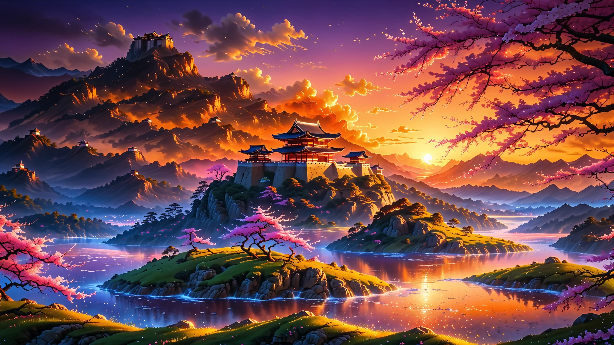 A Masterpiece In 32K Resolution, Supreme Quality, Super Detail, Official Art, Very High-Resolution 32K Wallpaper, Beautiful And Aesthetic, Ultra-Detailed Features, Awe-Inspiring Detail. A Stunning 32K Anime Depiction Of A Traditional Japanese Castle Perched On A Hilltop At Sunset. The Sky Is Painted In Vibrant Hues Of Orange, Pink, And Purple. Surrounding The Castle Are Rolling Hills Covered In Cherry Blossoms, With A River Winding Through The Landscape Below.