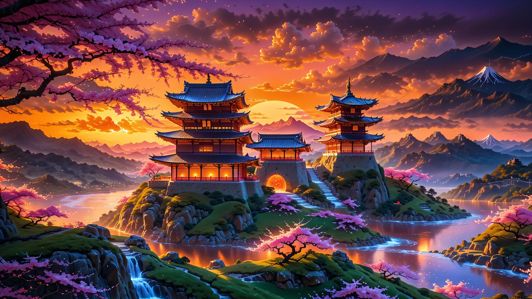 A Masterpiece In 32K Resolution, Supreme Quality, Super Detail, Official Art, Very High-Resolution 32K Wallpaper, Beautiful And Aesthetic, Ultra-Detailed Features, Awe-Inspiring Detail. A Stunning 32K Anime Depiction Of A Traditional Japanese Castle Perched On A Hilltop At Sunset. The Sky Is Painted In Vibrant Hues Of Orange, Pink, And Purple. Surrounding The Castle Are Rolling Hills Covered In Cherry Blossoms, With A River Winding Through The Landscape Below.