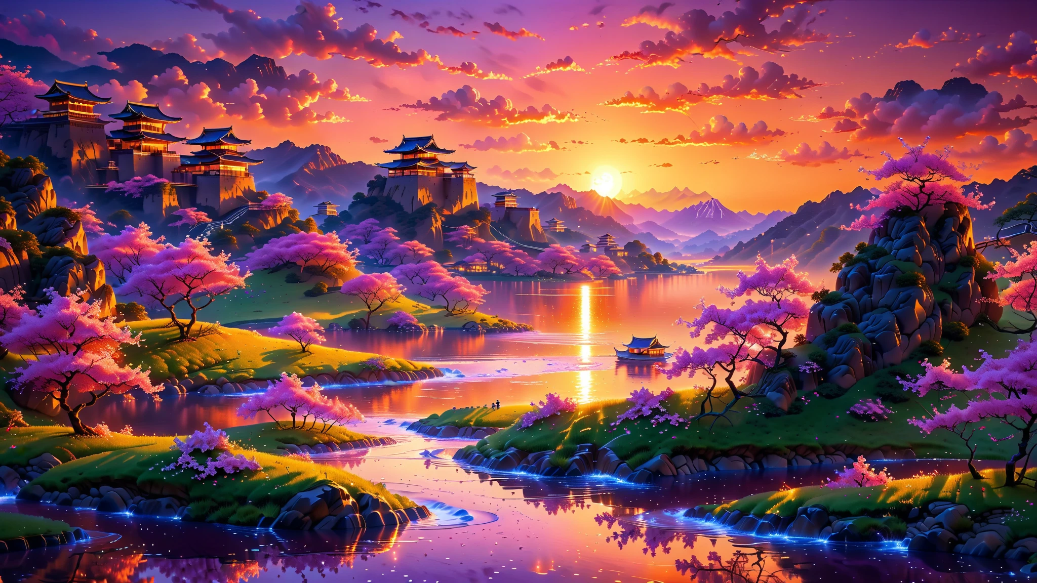 A Masterpiece In 32K Resolution, Supreme Quality, Super Detail, Official Art, Very High-Resolution 32K Wallpaper, Beautiful And Aesthetic, Ultra-Detailed Features, Awe-Inspiring Detail. A Stunning 32K Anime Depiction Of A Traditional Japanese Castle Perched On A Hilltop At Sunset. The Sky Is Painted In Vibrant Hues Of Orange, Pink, And Purple. Surrounding The Castle Are Rolling Hills Covered In Cherry Blossoms, With A River Winding Through The Landscape Below.