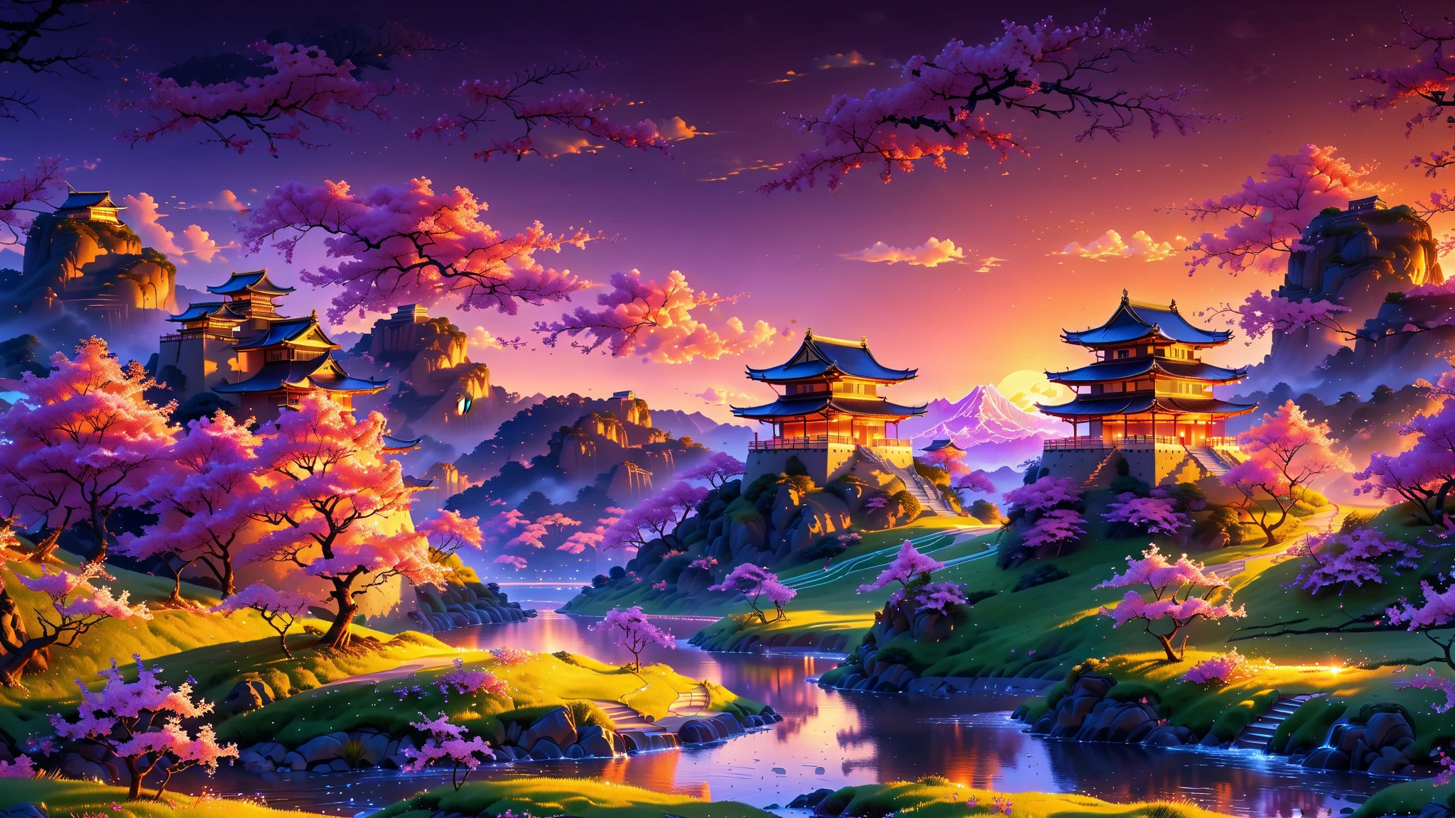 A Masterpiece In 32K Resolution, Supreme Quality, Super Detail, Official Art, Very High-Resolution 32K Wallpaper, Beautiful And Aesthetic, Ultra-Detailed Features, Awe-Inspiring Detail. A Stunning 32K Anime Depiction Of A Traditional Japanese Castle Perched On A Hilltop At Sunset. The Sky Is Painted In Vibrant Hues Of Orange, Pink, And Purple. Surrounding The Castle Are Rolling Hills Covered In Cherry Blossoms, With A River Winding Through The Landscape Below.