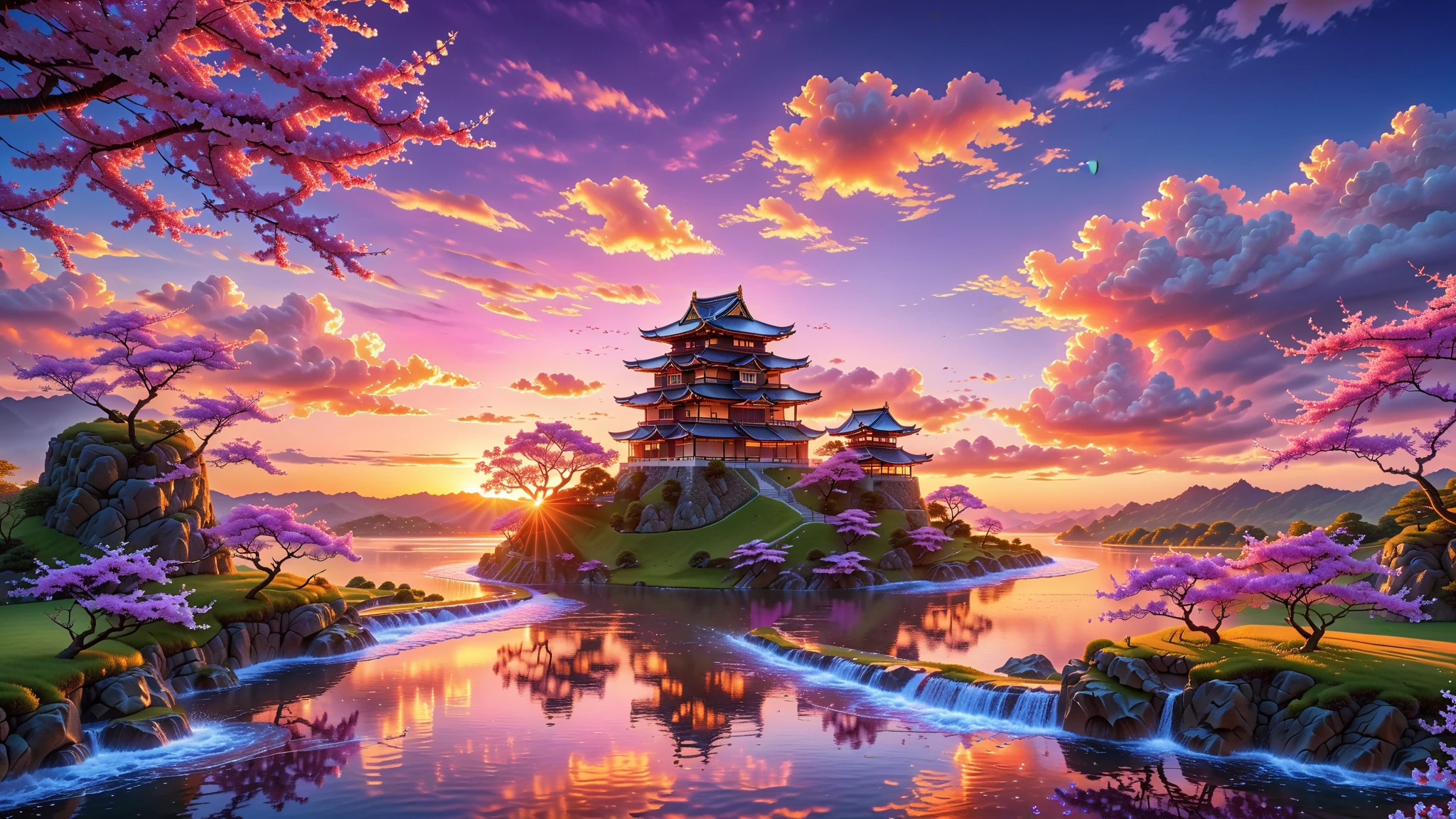 A Masterpiece In 32K Resolution, Supreme Quality, Super Detail, Official Art, Very High-Resolution 32K Wallpaper, Beautiful And Aesthetic, Ultra-Detailed Features, Awe-Inspiring Detail. A Stunning 32K Anime Depiction Of A Traditional Japanese Castle Perched On A Hilltop At Sunset. The Sky Is Painted In Vibrant Hues Of Orange, Pink, And Purple. Surrounding The Castle Are Rolling Hills Covered In Cherry Blossoms, With A River Winding Through The Landscape Below.