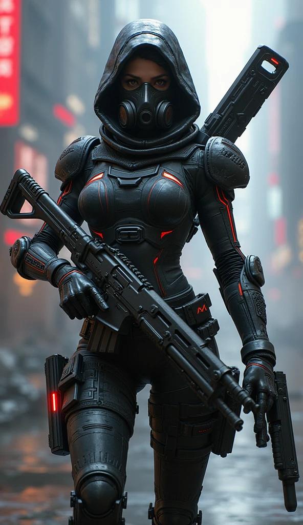 photo-realistic, ultra-realistic, very beautiful Japanese, famous Japanese idol, 20 years old, dramatic scene, masterpiece, beautiful eyes, (extremely intricated with extremely complex futuristic cyber punk mecha armored full-face gas mask:1.5), (wearing stylish colored extremely intricated with complex multi-layered cyber punk mecha armored tight fitting bodysuits with neon marker:1.3), (She uses the ultra high power rocket engine on her back to flying high speed in the sky:1.5), amazing view from sky, (surprising), acrobatic pose, dynamic angle, (shoot from behind), Nimble movements, Sharp turns, (very large breasts), (Fully equipped for battle:1.3), (holding m4a1 large assault rifle:1.4),