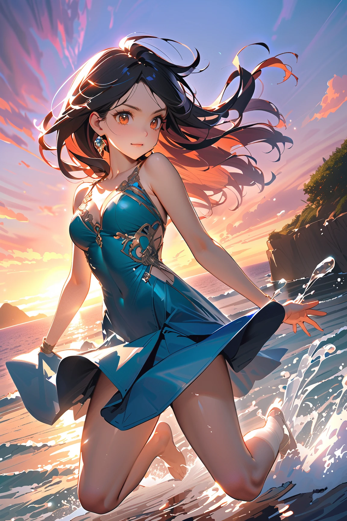 (masutepiece,Best Quality,8K),(extremely detailed CG1.1),Girl standing on the surface of the water emitting a beautiful light,Smile,large boob,(From below:1.2),Intricate details , Hyper realistic, Perfect Anatomy,A dark-haired,Red Eyes,(((Forehead))),Permed hair with wavy hair,(((length hair))),Hair over one eye,hair slicked back,(((Standing))),Full body,Blue Dress,blush,Happy smile,A remote island paradise with turquoise waters, Water droplets,Lens Flare,Wind,Magnificent view,(chromatic abberation:1.3),Dynamic Angle,bird flocks,Cowboy Shot,Looking at Viewer